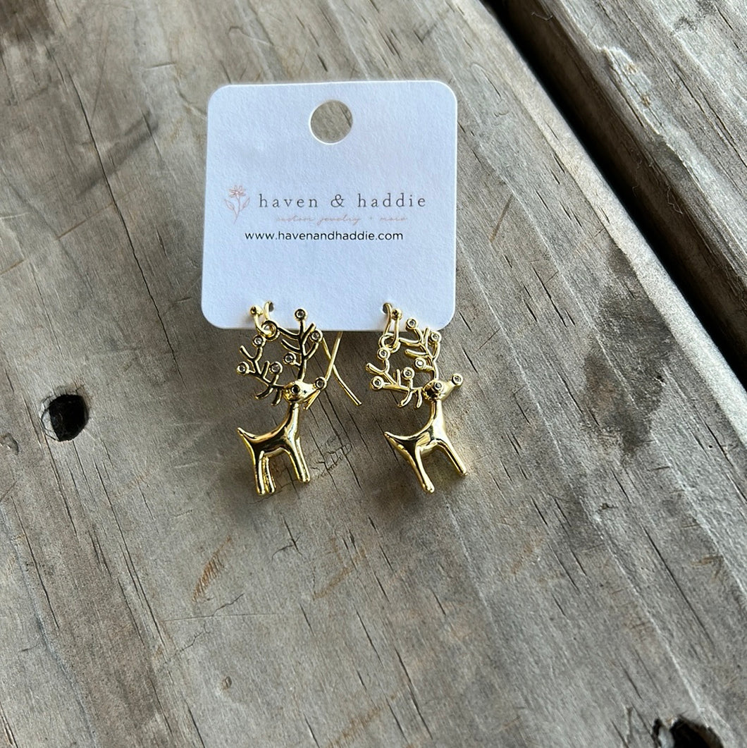 Gold Reindeer Dangle Earrings ￼