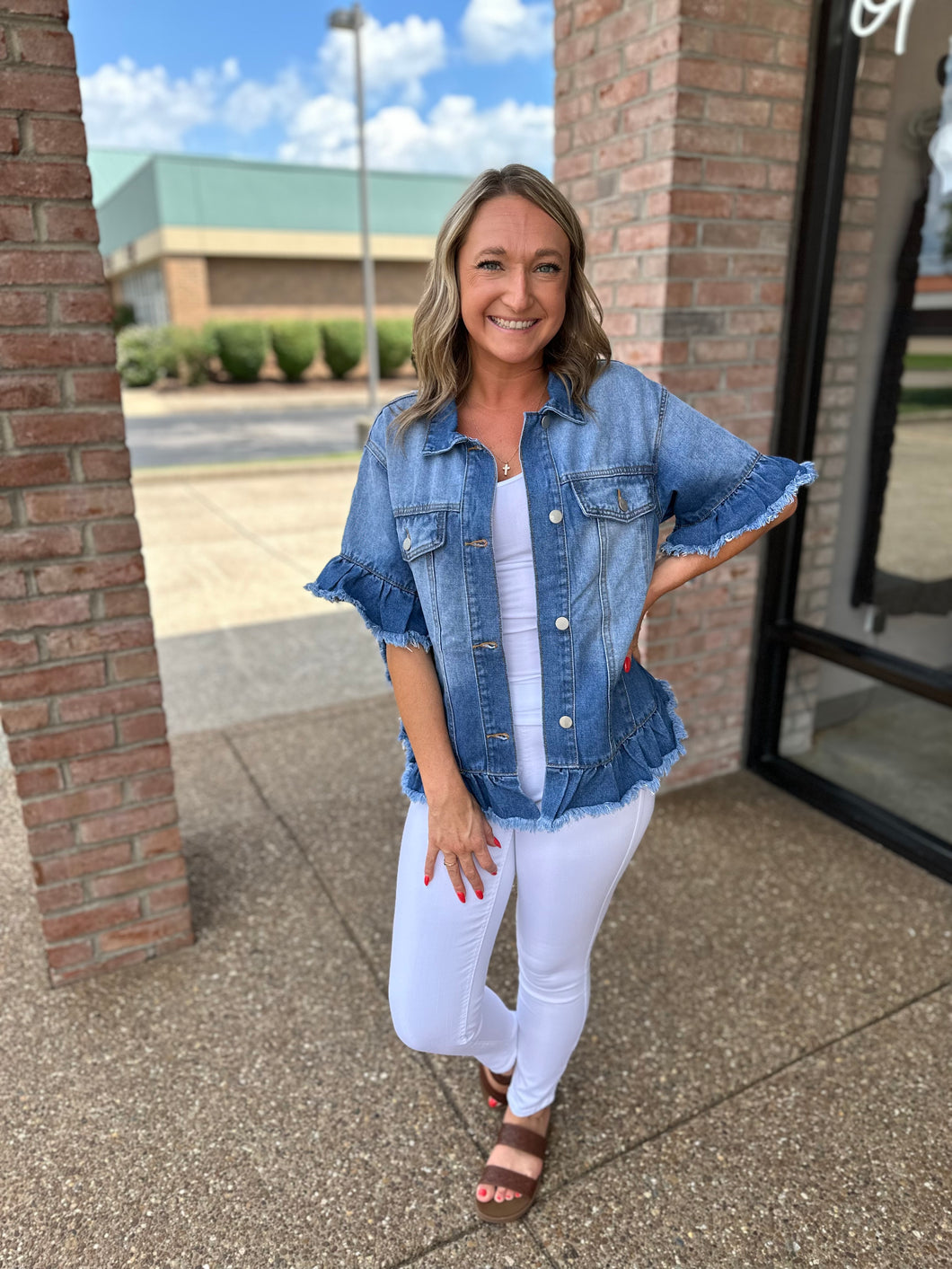 Ruffle Short Sleeve Denim Jacket