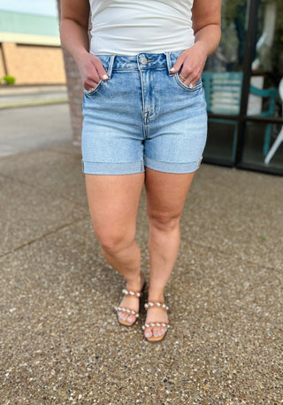 High Rise Cuffed Light Wash Shorts