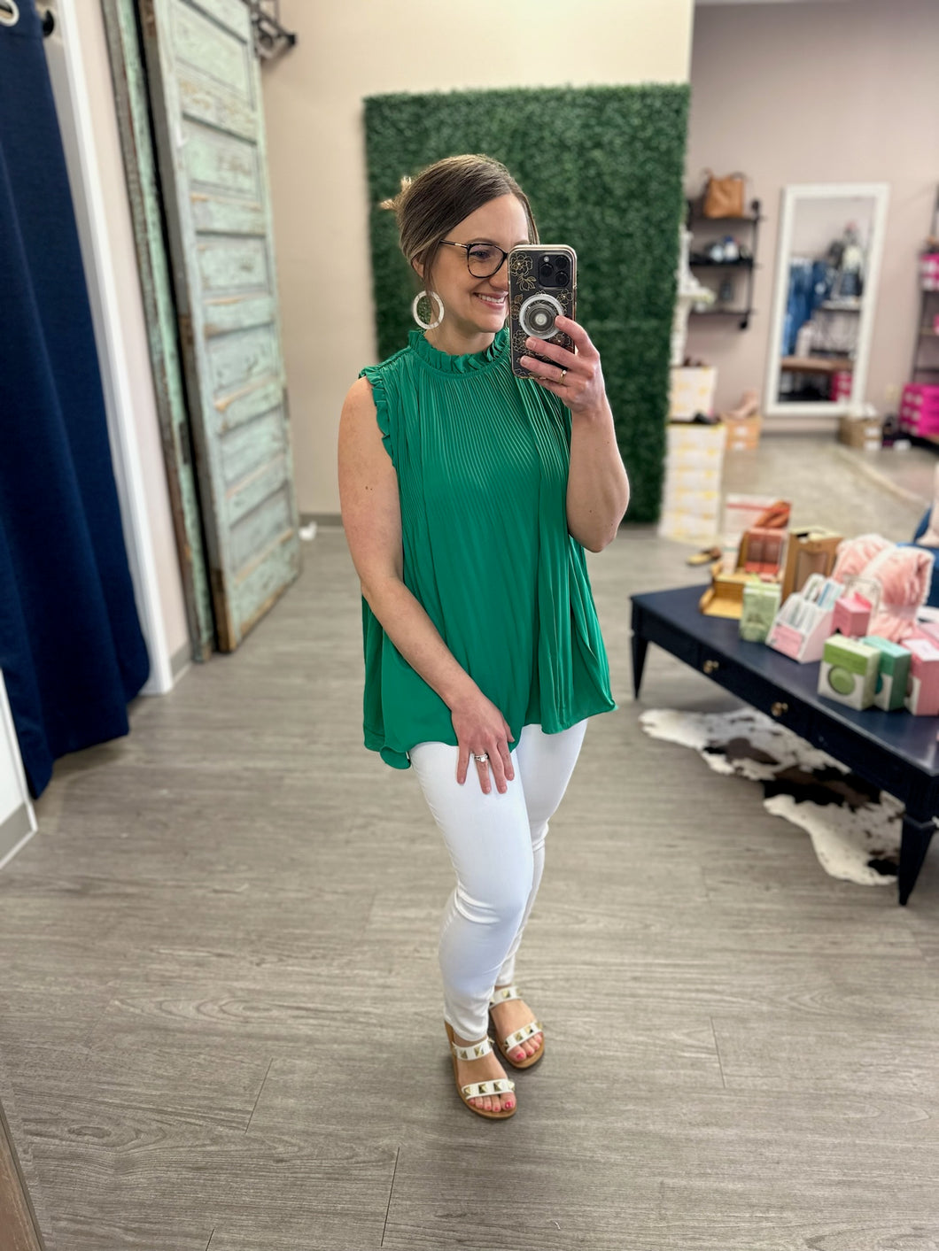 Kelly Green Pleated Detail Top