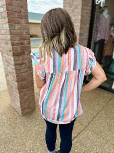 Colorful Striped Ruffle Sleeve Blouse