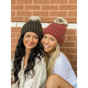 Solid Lattice Stitch Fur Pom Beanie