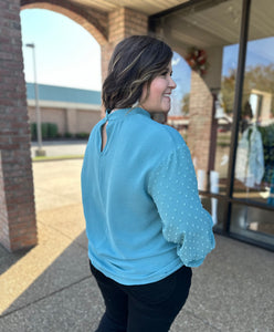 Detailed Dusty Teal Balloon Sleeve Blouse