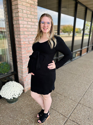 Black Tie-Waist Maternity Dress