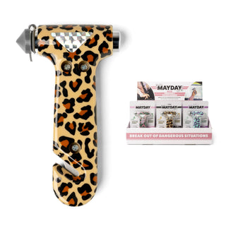 Leopard print 2-in-1 emergency escape hammer with seatbelt cutter and glass breaker next to product packaging