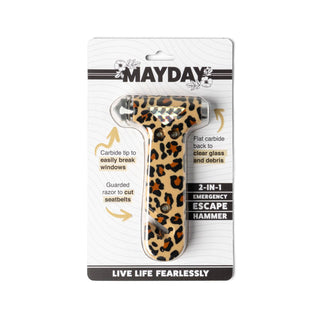 Leopard print emergency escape hammer with carbide tip and seatbelt cutter in retail packaging.