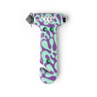 Emergency escape hammer with camouflage pattern, featuring glass breaker tip and seatbelt cutter blade.