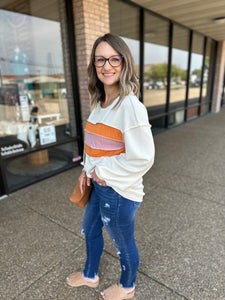 Textured Colorblock Balloon Sleeve Top