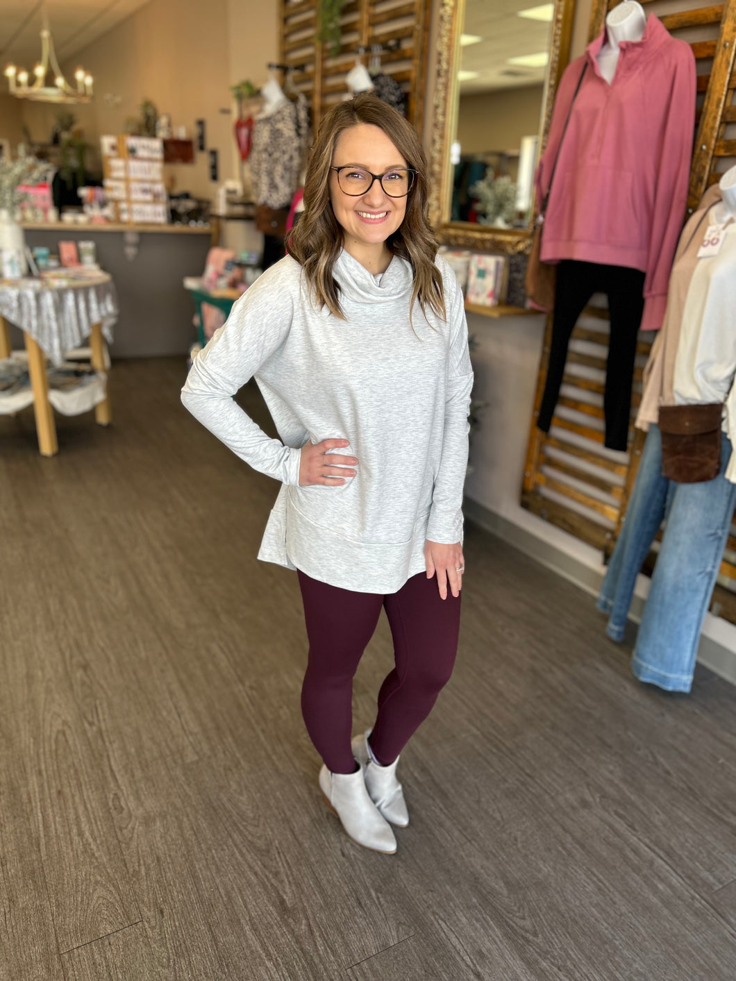 Gray Cowl Neck Side Slit Tunic