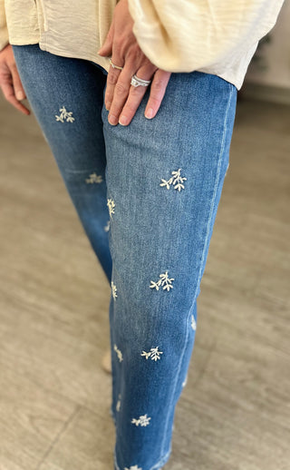 Tummy Control HR Embroidered Wide Leg Jeans