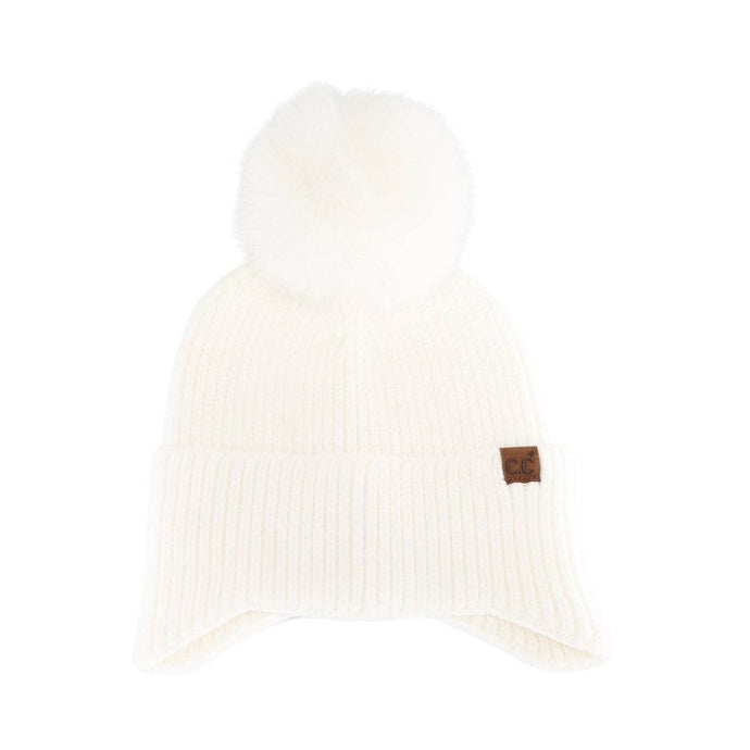 White Earflap Pom Beanie