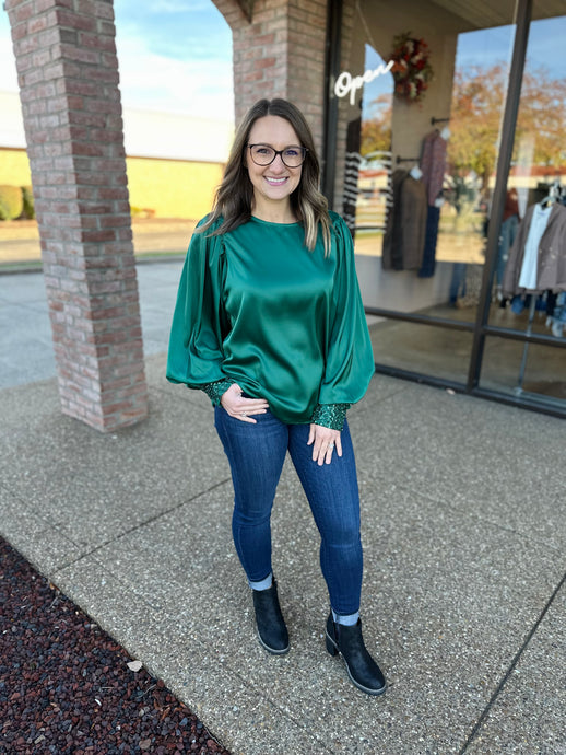 Spruce Sequin Cuff Satin Blouse