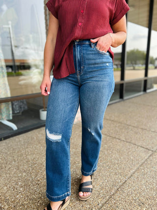 Dark Wash Light Distressed Cropped Straight