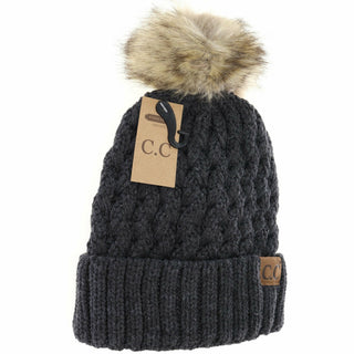 Solid Lattice Stitch Fur Pom Beanie