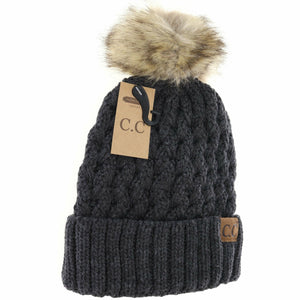 Solid Lattice Stitch Fur Pom Beanie