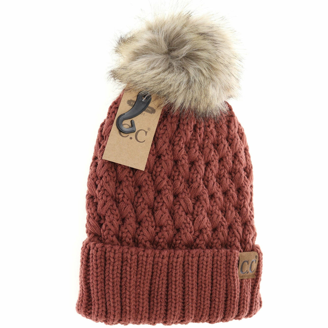 Solid Lattice Stitch Fur Pom Beanie