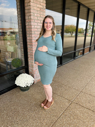 Teal Ribbed Long Sleeve Sweater Dress