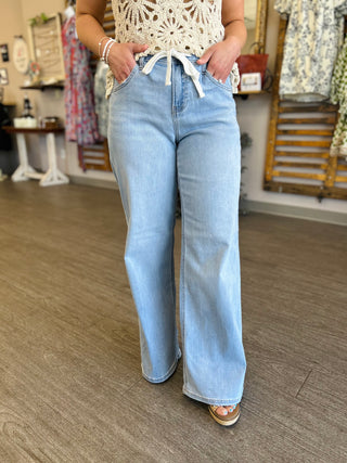Light Wash Drawstring Wide Leg Jeans