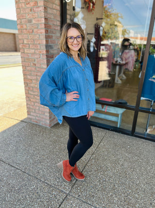 Autumn Stroll Chambray Dolman Blouse