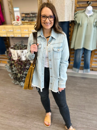 Distressed Light Wash Denim Button Down Jacket