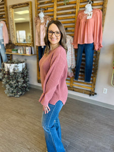 Dusty Rose Button Detail Ribbed Sweater Top