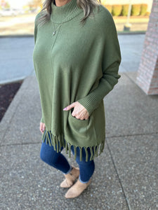 Olive Mock Neck Fringe Sweater