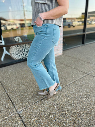 Teal Frayed & Flared Jeans