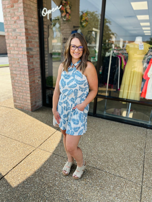 Blue Tide & Beige Halter Romper
