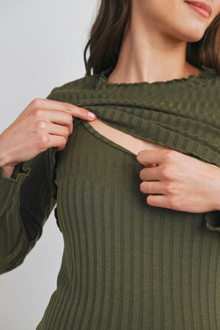 Olive Ribbed Knit Nursing Maternity Top