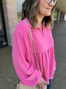 Pink Ribbed Babydoll Top