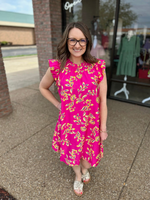 Hot Pink Floral Flutter Sleeve Dress