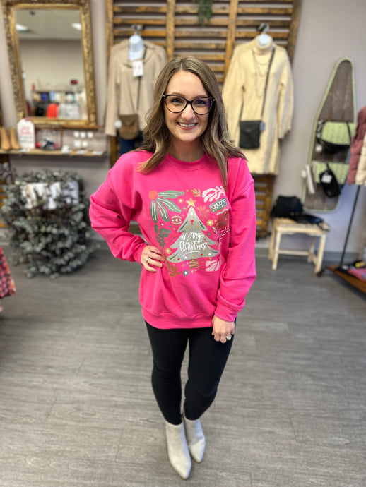 Floral Merry Christmas Hot Pink Sweatshirt