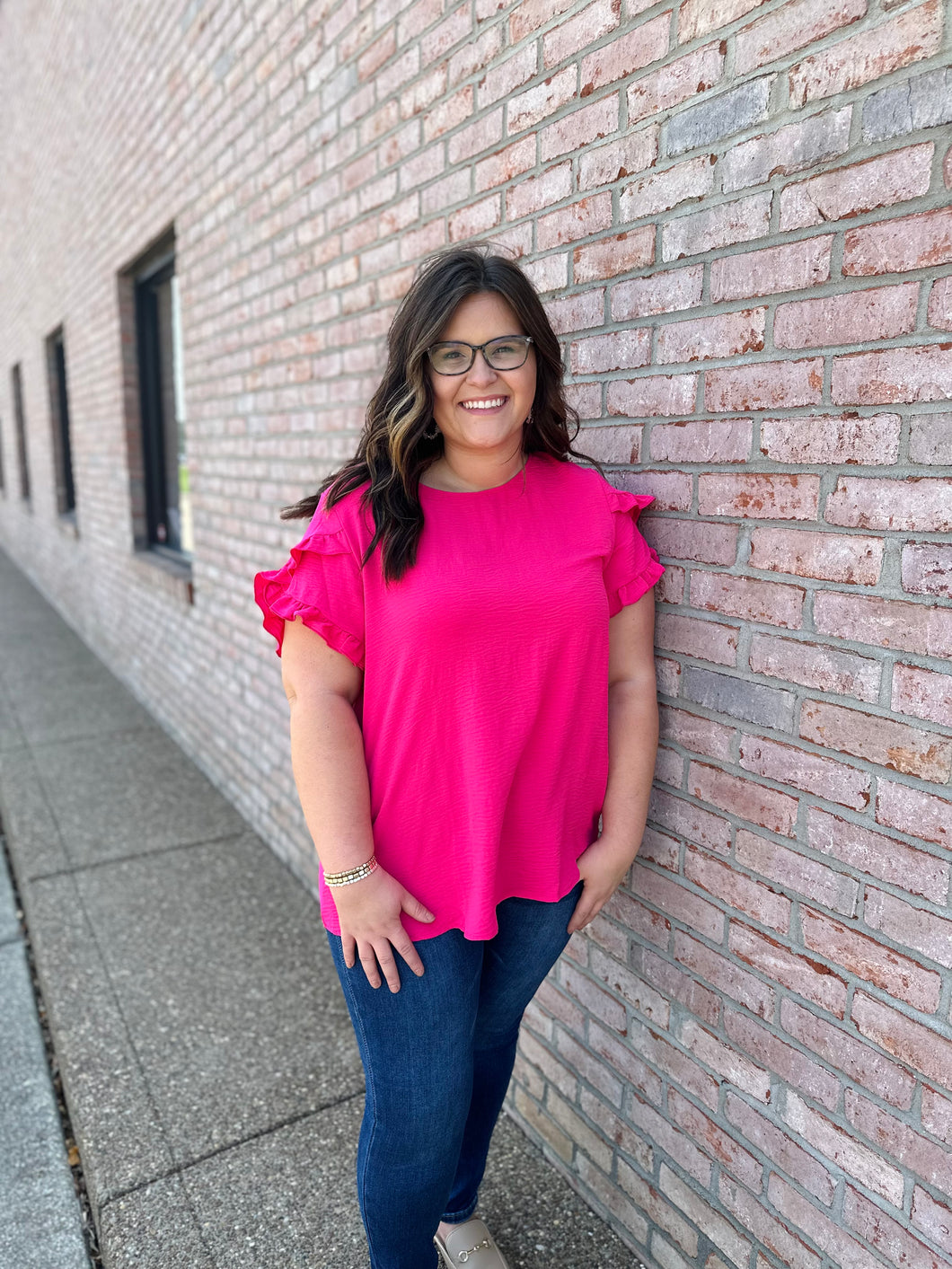 Bright Pink Ruffle Sleeve Top