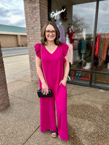 Magenta Ruffle Sleeve Jumpsuit