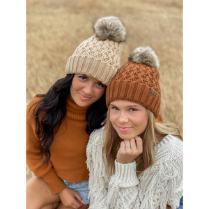 Solid Lattice Stitch Fur Pom Beanie