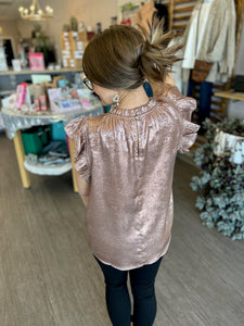 Mauve Foiled Flutter Ruffle Sleeve Top