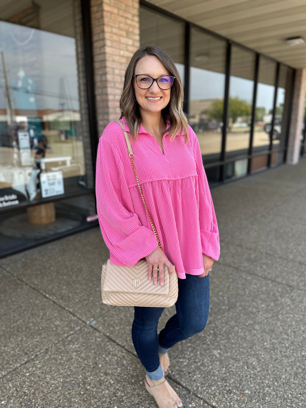 Pink Ribbed Babydoll Top