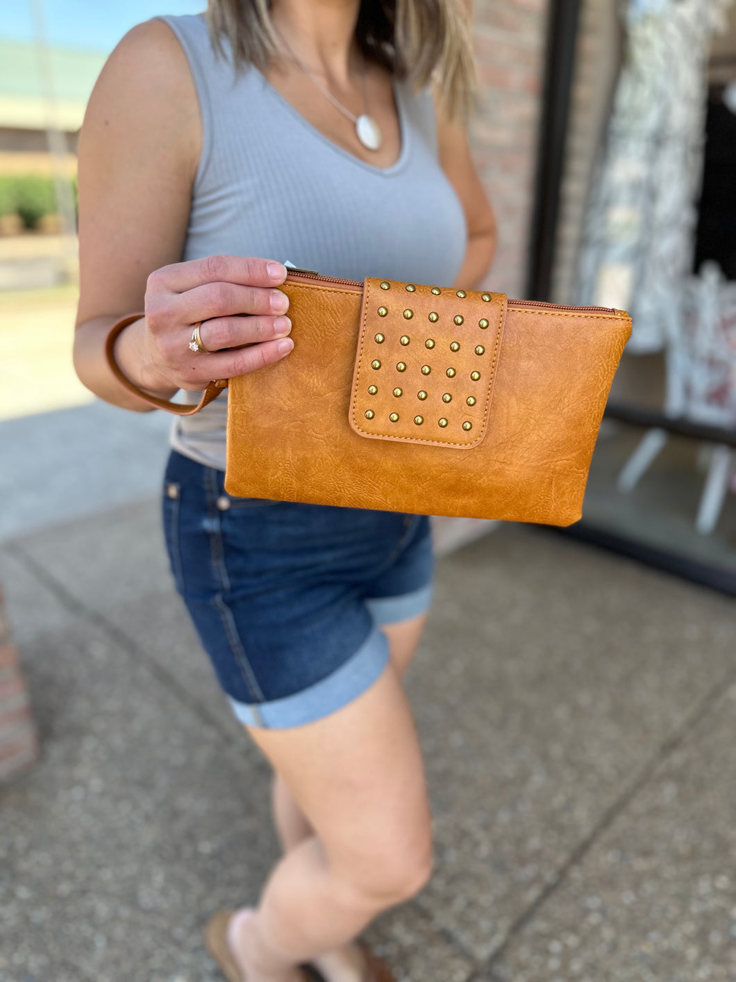 Cognac Stud Detail Clutch