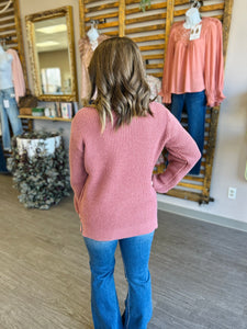 Dusty Rose Button Detail Ribbed Sweater Top