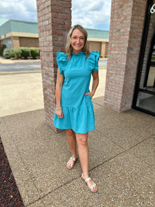 Teal Ruffle Sleeve Dress