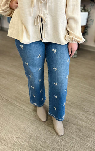 Tummy Control HR Embroidered Wide Leg Jeans