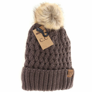 Solid Lattice Stitch Fur Pom Beanie