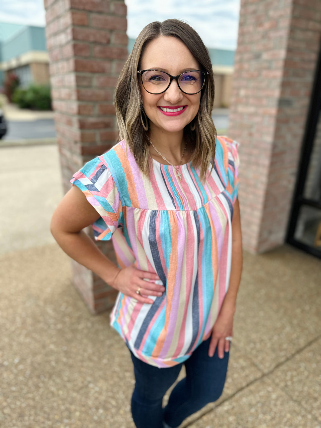 Colorful Striped Ruffle Sleeve Blouse