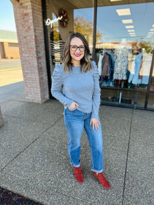 Gray Button Detail Puff Sleeve Top