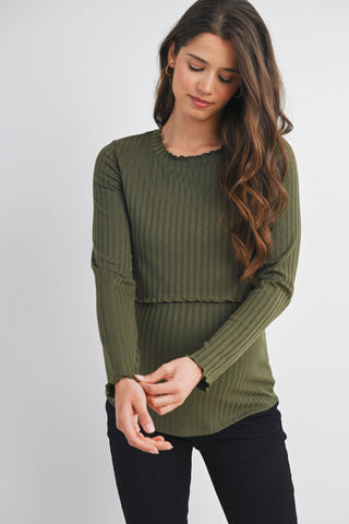 Olive Ribbed Knit Nursing Maternity Top