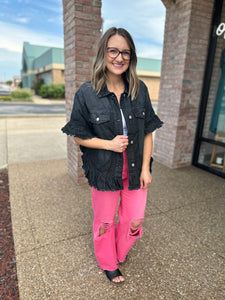 Black Ruffle Short Sleeve Denim Jacket