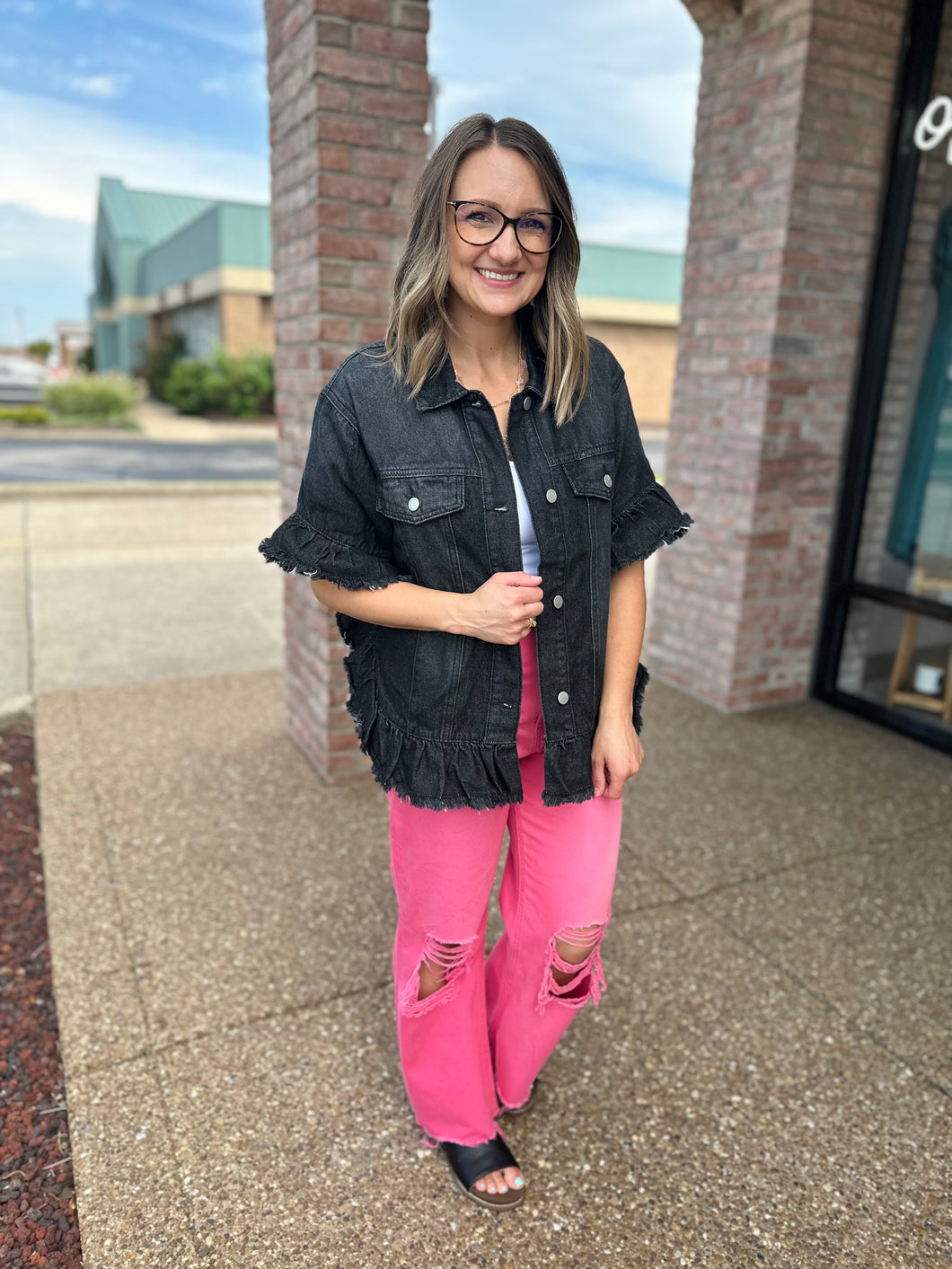 Black Ruffle Short Sleeve Denim Jacket