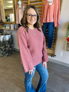 Dusty Rose Button Detail Ribbed Sweater Top