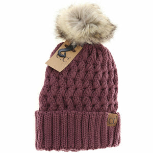 Solid Lattice Stitch Fur Pom Beanie