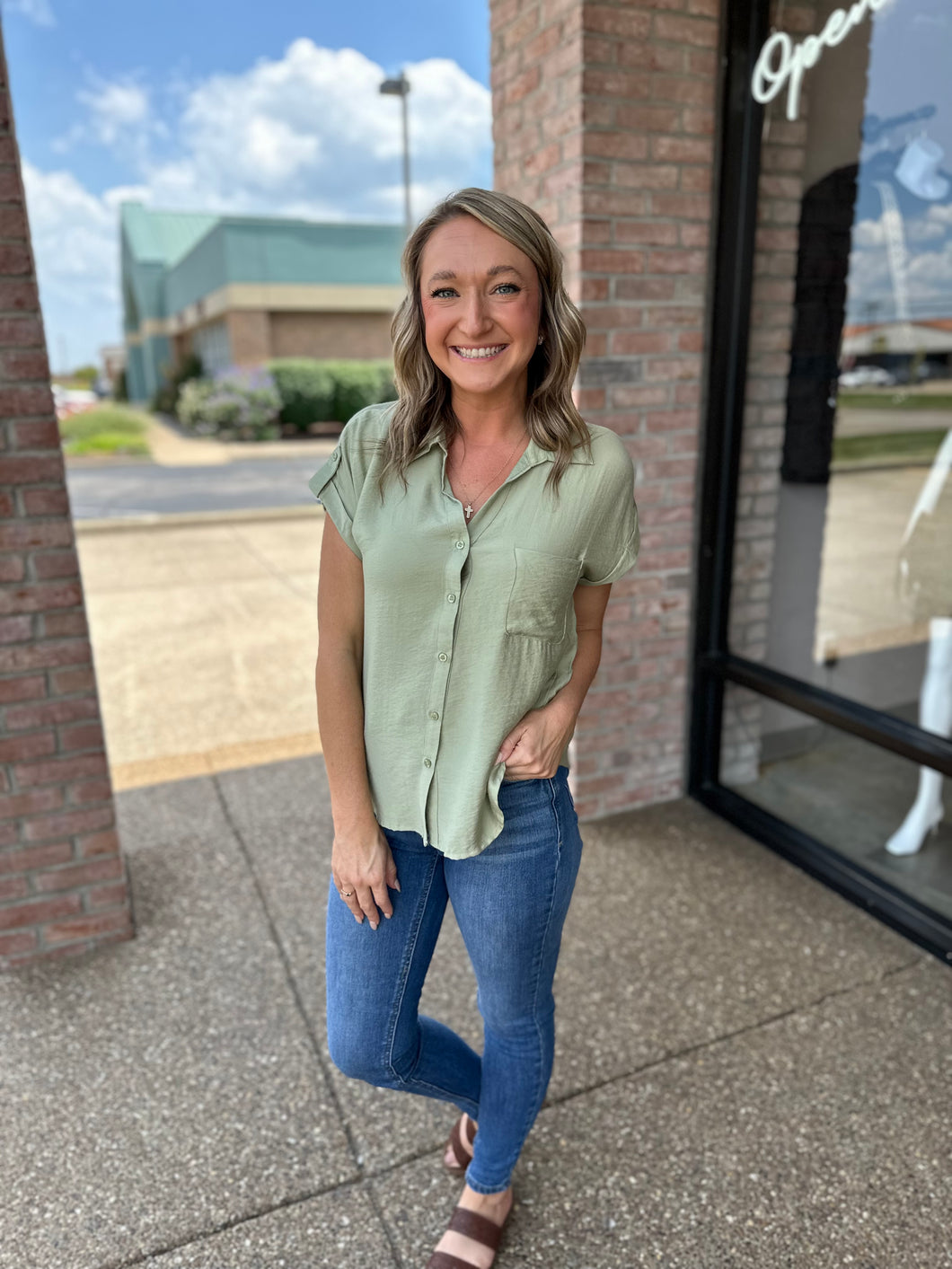 Light Sage Button Down Collared Top